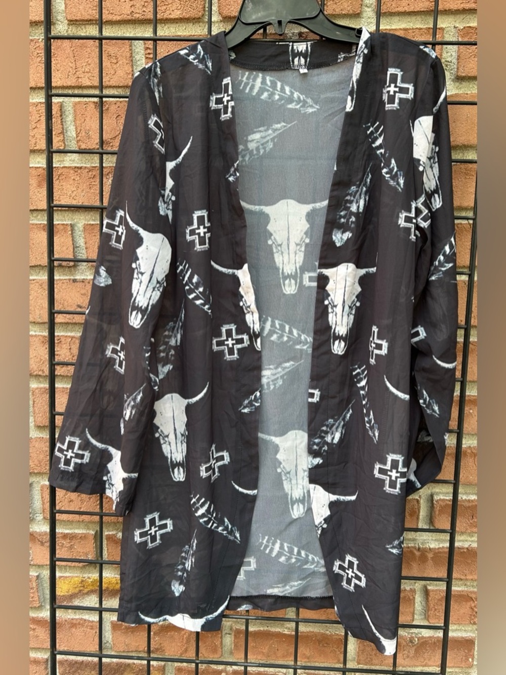 Sheer Black Kimono Cardigan with White Steer Skull Print